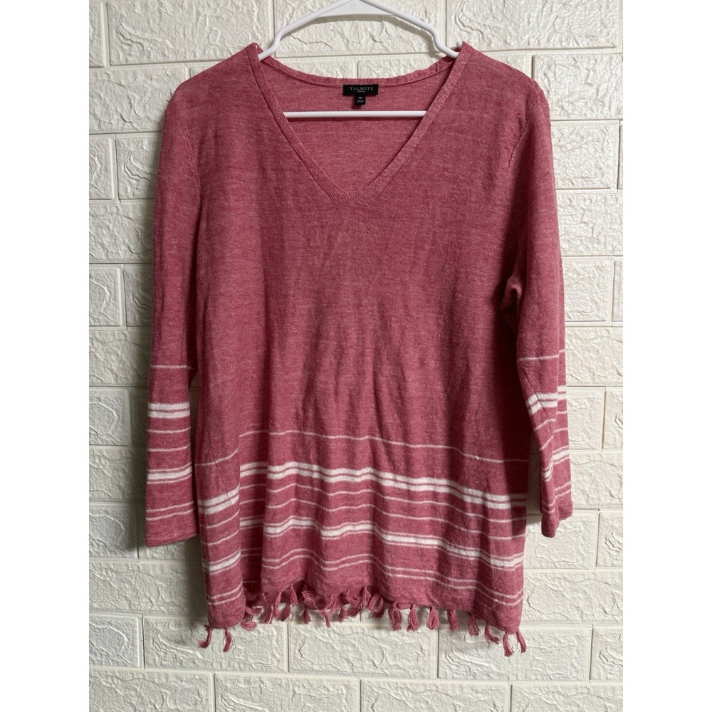 Talbots Red White Striped 100% Linen Fringe Blouse V-Neck Petite MP VN5361